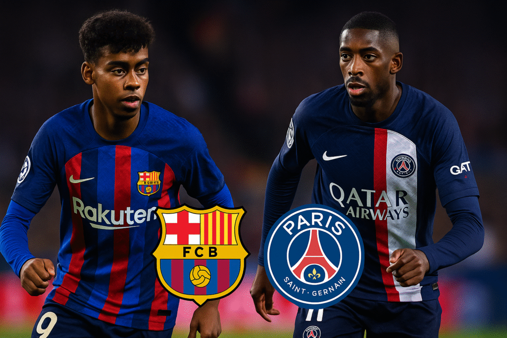 FC Barcelona vs PSG - Dembelé és Yamal illusztrív változat