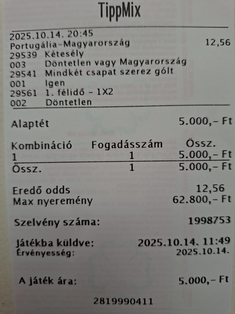 portugál - magyar tippmix fogadáskészítő szelvény