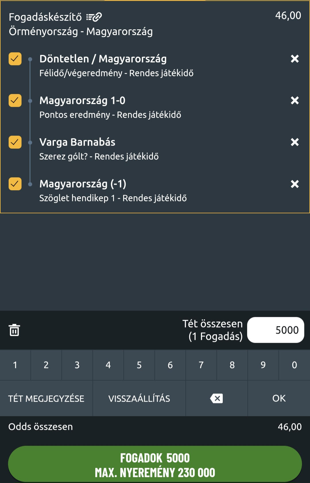 örmény - magyar tippmix fogadáskészítő szelvény